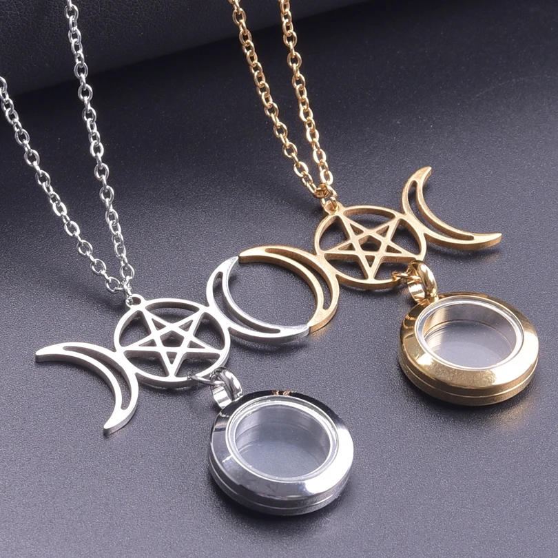 

1Pc Witchcraft Round Glass Photo Memory Relicario Locket Pendant Necklaces Goddess Triple Moon Star Chain Women Collares Jewelry
