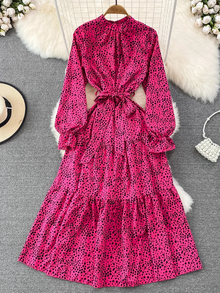 

Женское длинное платье с высокой талией, розово-красное леопардовое винтажное платье-трапеция с воротником-стойкой и расклешенными рукавами, весна-осень