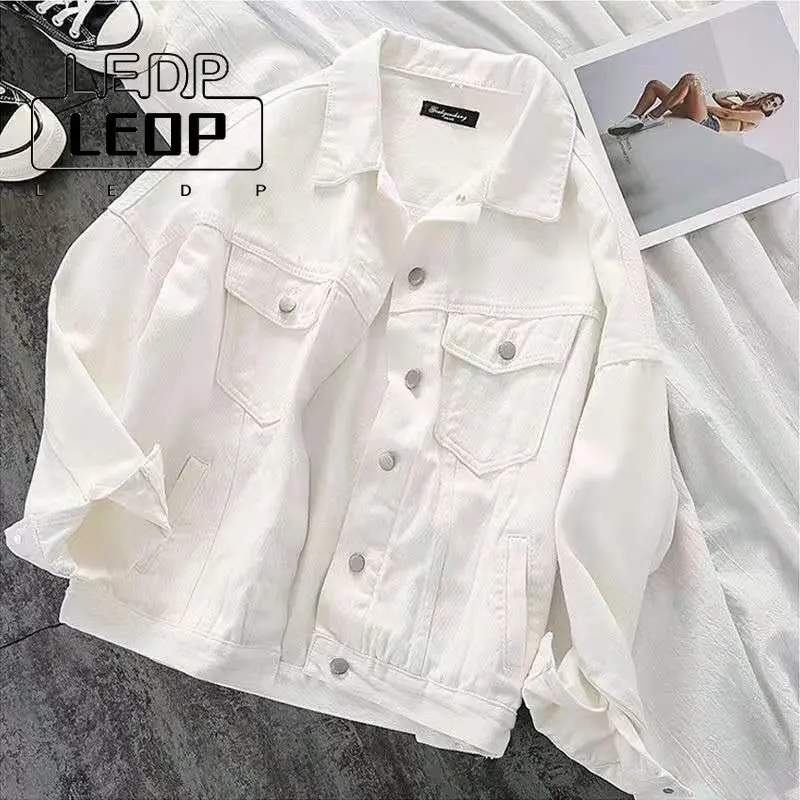 

LEDP 2022 Spring and Autumn Single-breasted Denim Lapel White Temperament Commuter Jacket Women's Fashion New Jacket Women