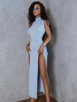 sexy knitted maxi dress elegant stand neck sleeveless bodycon dress for club party outfits summer high split women dresses 2022