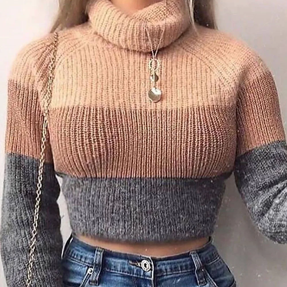 

Fashion Women's Turtlenecks Sweaters Striped Long Sleeve Knitted Pullovers Females Cropped Jumpers Sweaters Autumn Winter 2021