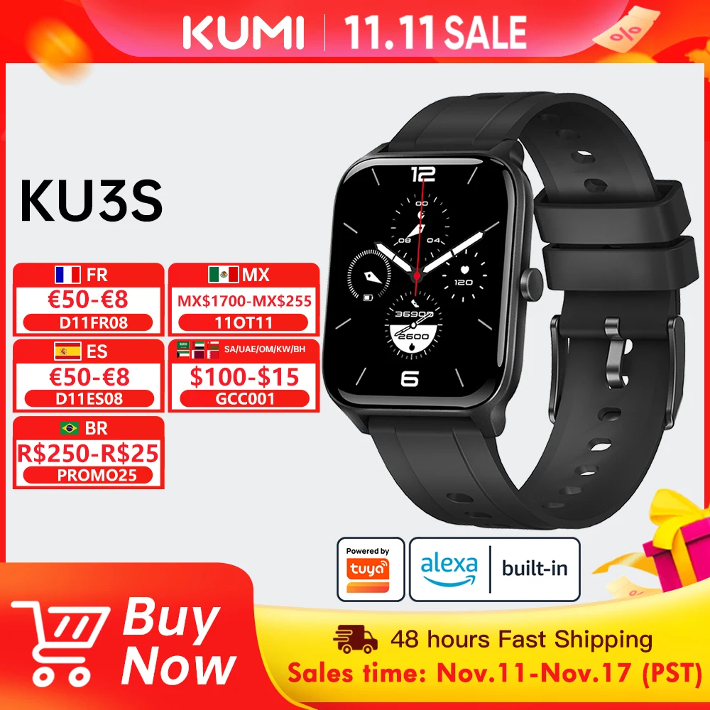 

KUMI KU3S Alexa Smart Watch Tuya Call Sport Fitness IP68 Waterproof Heart Rate Blood Pressure Sleep Monitor Women Smartwatch