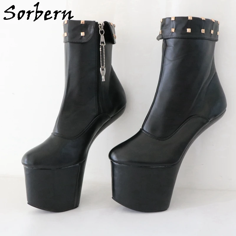 Sorbern Lockable Zipper Heelless Boots Rivets Punk Style Booties Ankle High No Heel Shoes Fetish Unisex Shoes SM Custom Colors