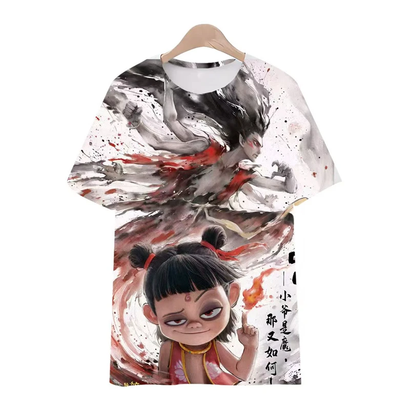 Фото 3D Print Anime Ne Zha T Shirt Men Women Summer Crewneck Short Sleeve Tops 2025 New Trendy Nezha Graphic Boys Girls Kids T-shirt №2