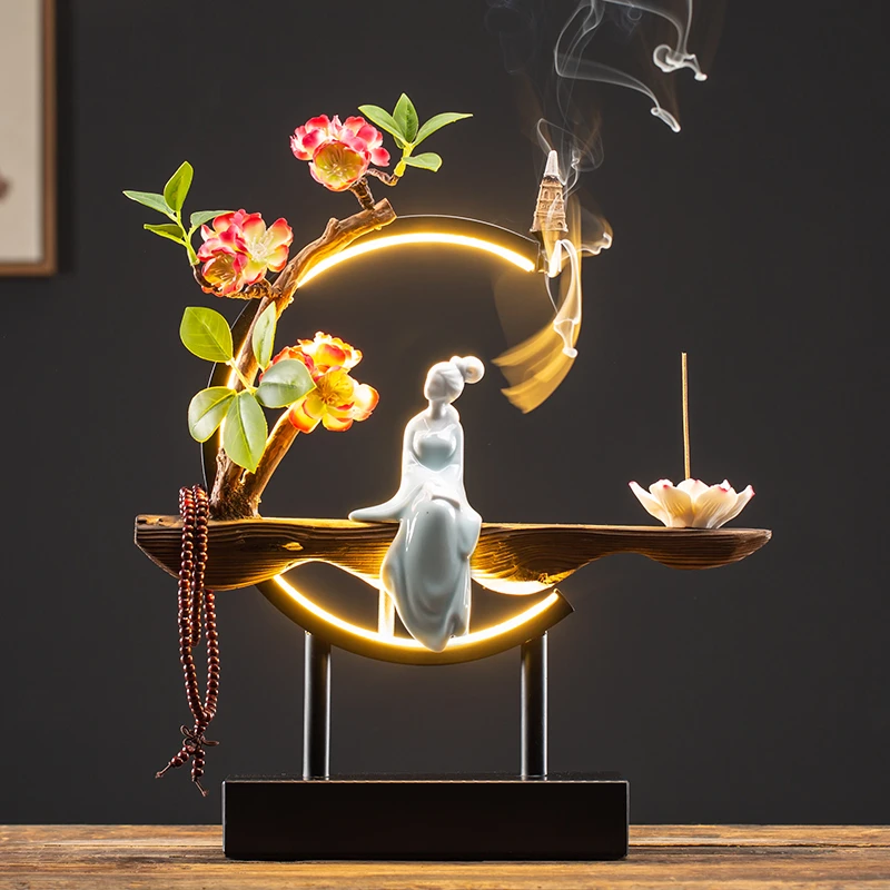 

Waterfall Backflow Incense Burner Lady Flower Ceramic Incense Holder with LED Light Zen Buddha Censer Flower Incense Stick Rack