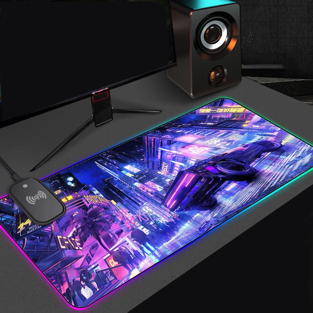 RGB беспроводной зарядный коврик для мыши Scifi городские светильники настольные