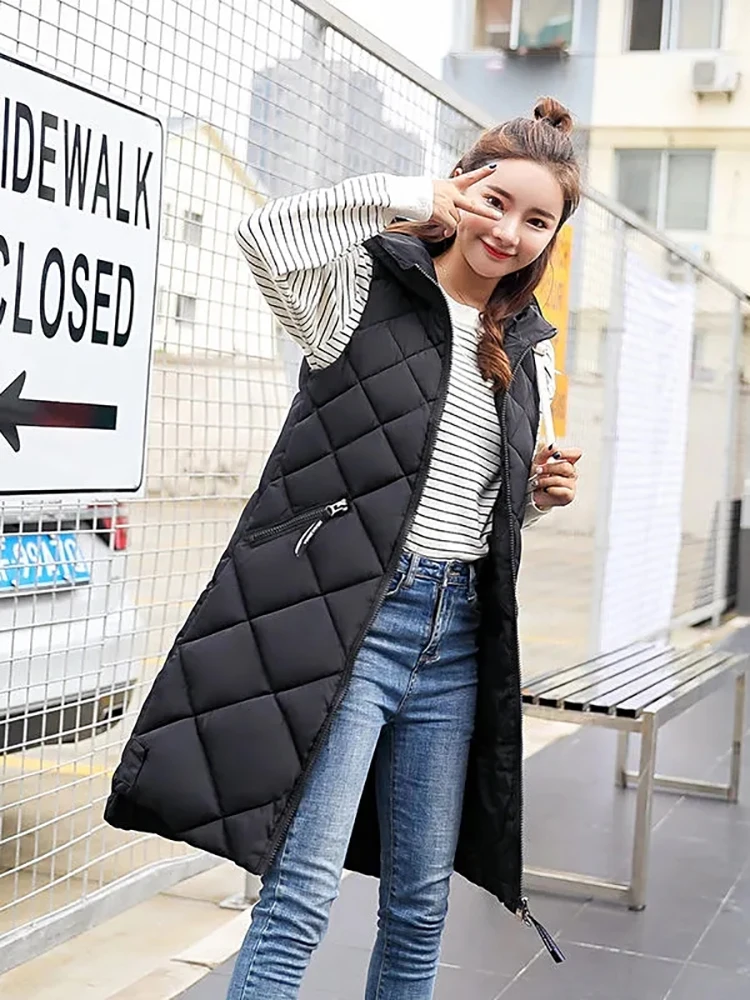 Women's Sleeveless Vest Long Down cotton Jacket Solid Korea Hooded Padded Vests Loose Females 2023 Fashion Casual Winter Coat