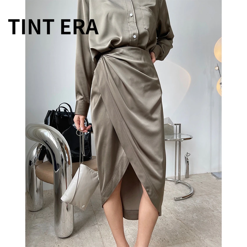 

TINT ERA High-waisted Skirt Summer New French Blogger Style Irregular Thin Slim Shiny Drapey Hip-pack Female Clothes Y2K