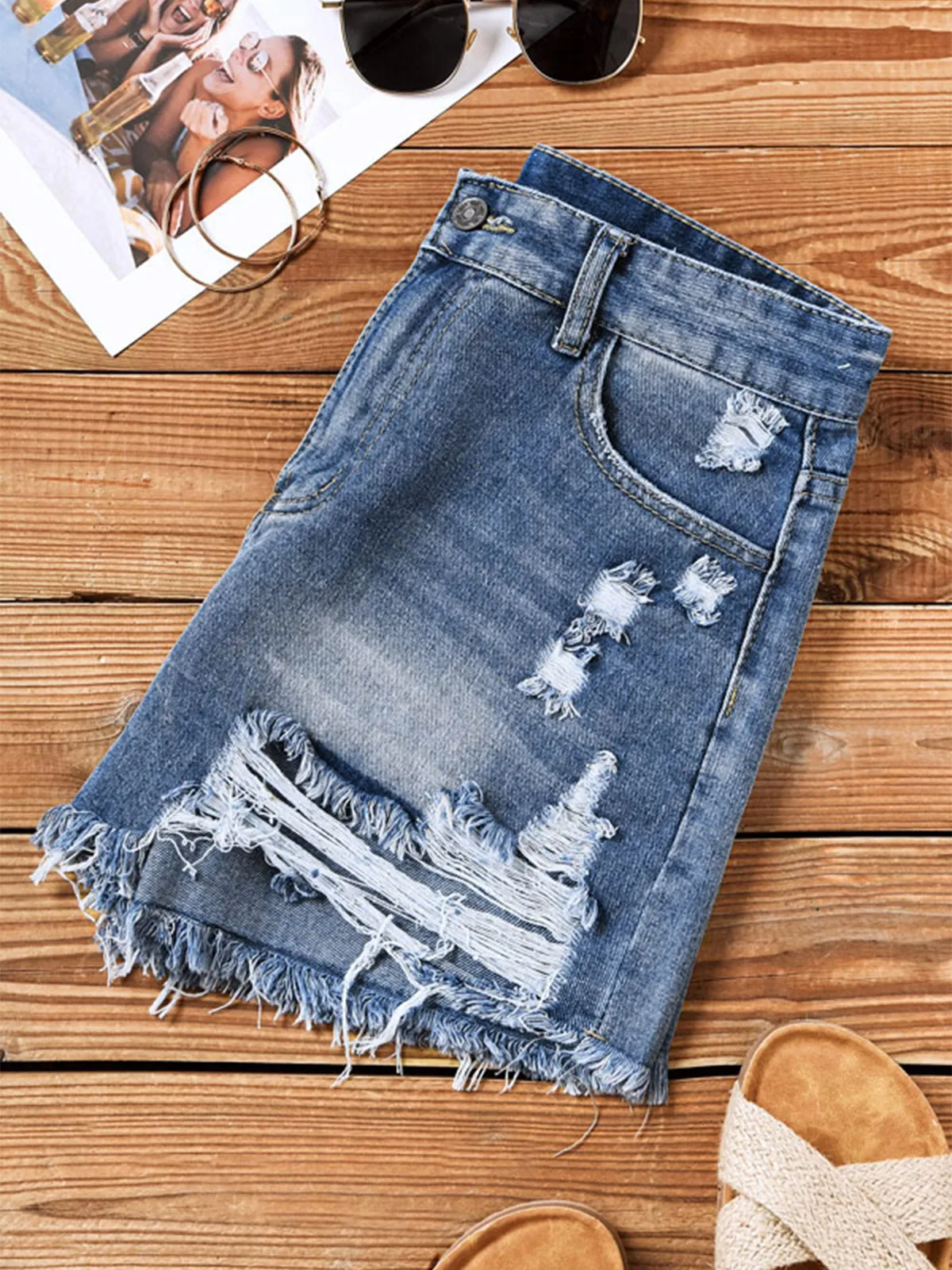 2023 Summer Pocket Button Ripped Frayed Hem Blue Denim Shorts Women's Fashion Casual Denim Hot Pants Slim Fitting Slimming Short