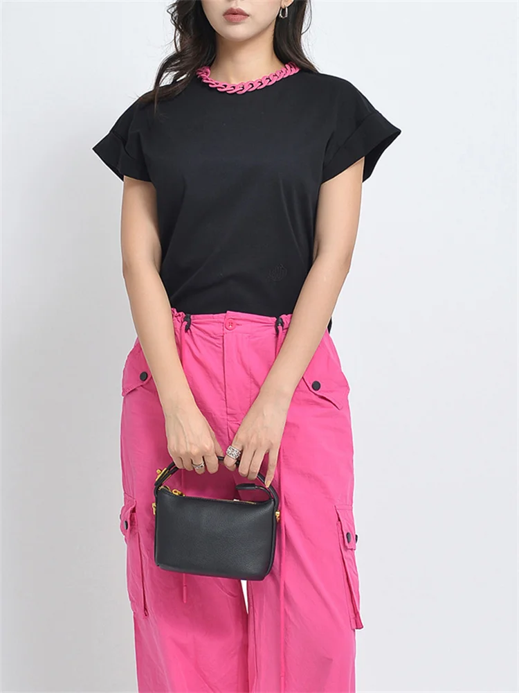 

2023 Spring New Women's Casual Short-Sleeved T Shirt Ring Decorative Pink String Buckle Ladies Round Neck Cotton T-Shirt Female