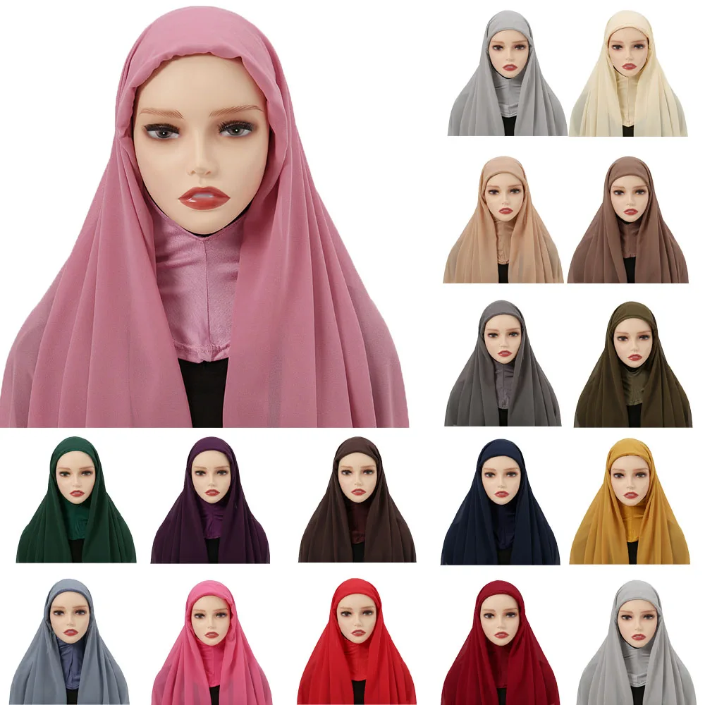 

Chiffon Hijab with Cap Attached Neck Cover Turban Underscarf Hijab Bonnet for Women Muslim Head Scarf Headwrap Islam Shawls Wrap