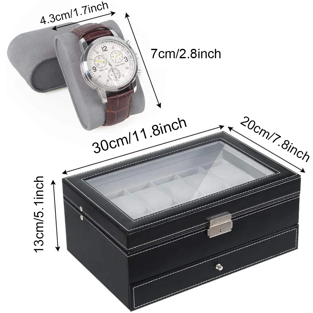 2-Tier 12 Slots Watch Box Storage Men Women PU Leather Watch Organizer Jewelry Display Case Organizer with Jewelry Drawer Gift