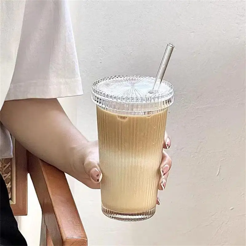 

Suction Tube Cup 375ml High Color Value Juice Beer Milk Mocha Vertical Stripe Ribbed Tea Coffee Cup Drink Cup Milk Coffee Cup