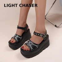 large size wedge sandals women 2022 new fashion womens high heels metal chain fish mouth buckle strap thick bottom roman sandal