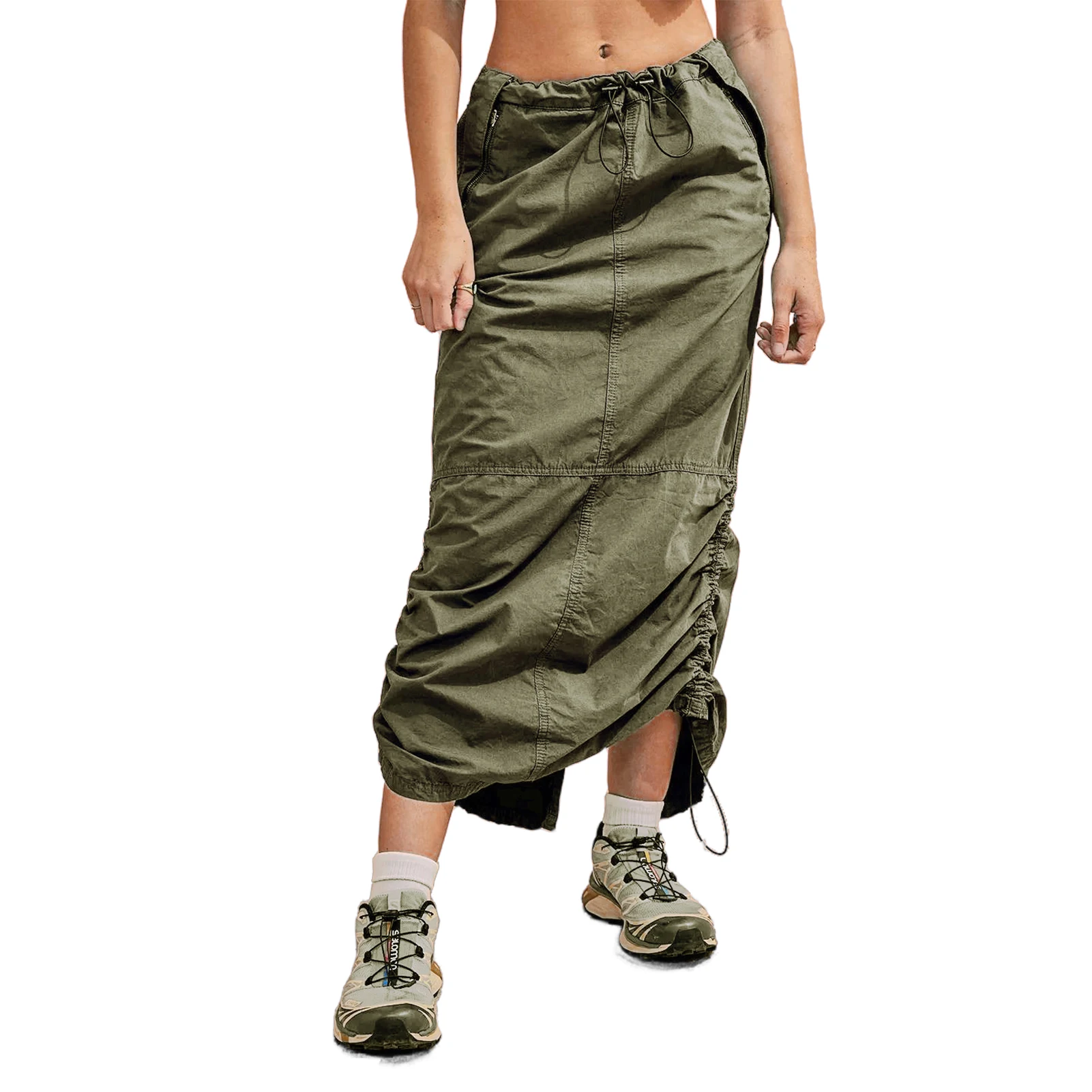 

Women Y2k Cargo Long Skirts 90s Drawstring Low Waisted Ruched Maxi Skirt with Pockets Vintage Punk Streetwear