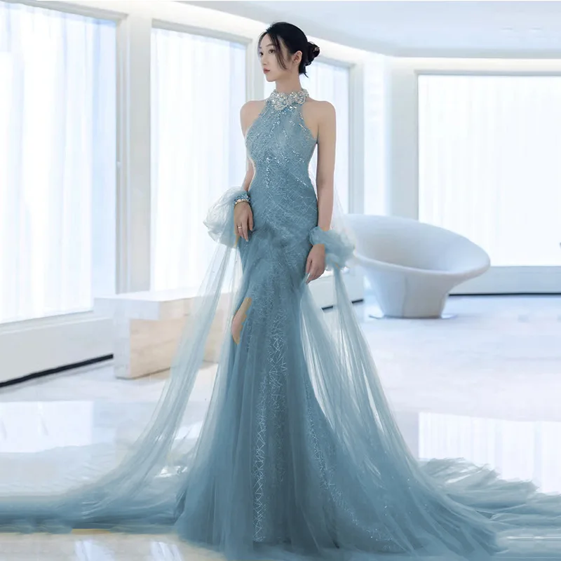 

Jancember Haze Blue Sleeveless Heavy Work Beading Mermaid Dress High Slit Luxury Halter Style Performance Prom Gown LGY004
