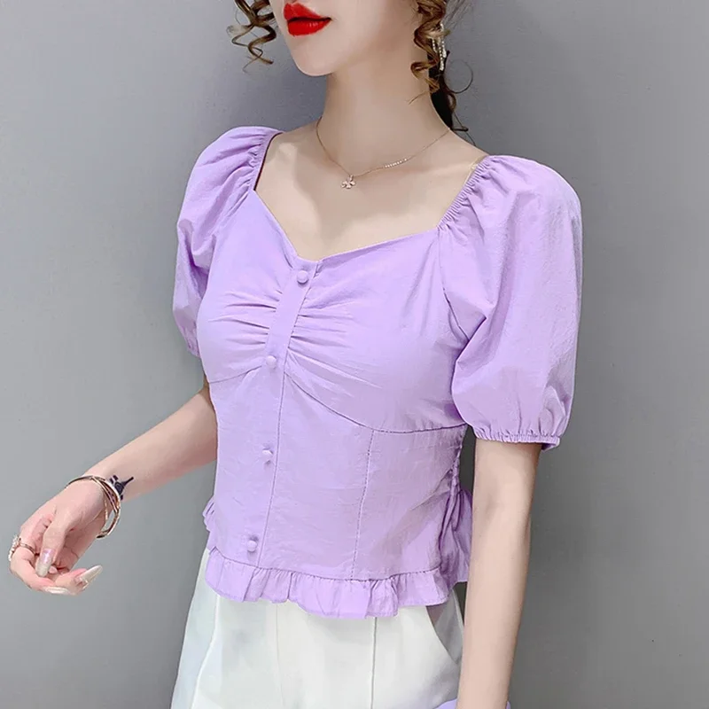 Летние белые топы с пышными рукавами женские 2024 модные повседневные фиолетовые