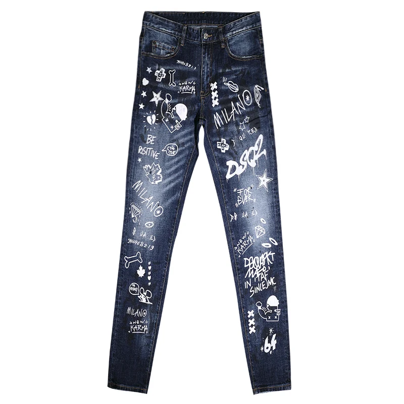 Fashion Streetwear Men Jeans Retro Blue Stretch Slim Ripped Jeans Men Punk Trousers Printed Designer Hip Hop Brand Pants Hombre