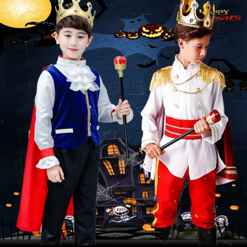 

King Prince Costumes For Boys Kids Halloween Cosplay Dress Up Cloak Crown Scepter Set Children Carnival Roleplay Party Outfit