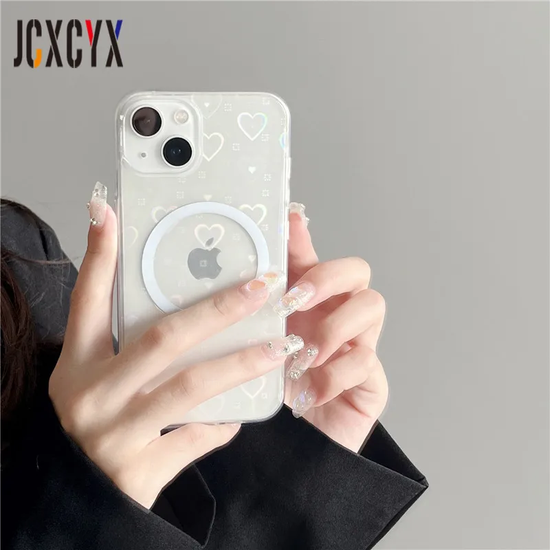 

Gradient Love Heart Transparent Magsafe Magnetic Wireless Charging Case For iPhone 14 13 12 11 Pro Max 8 Plus X XR SE3 Cover