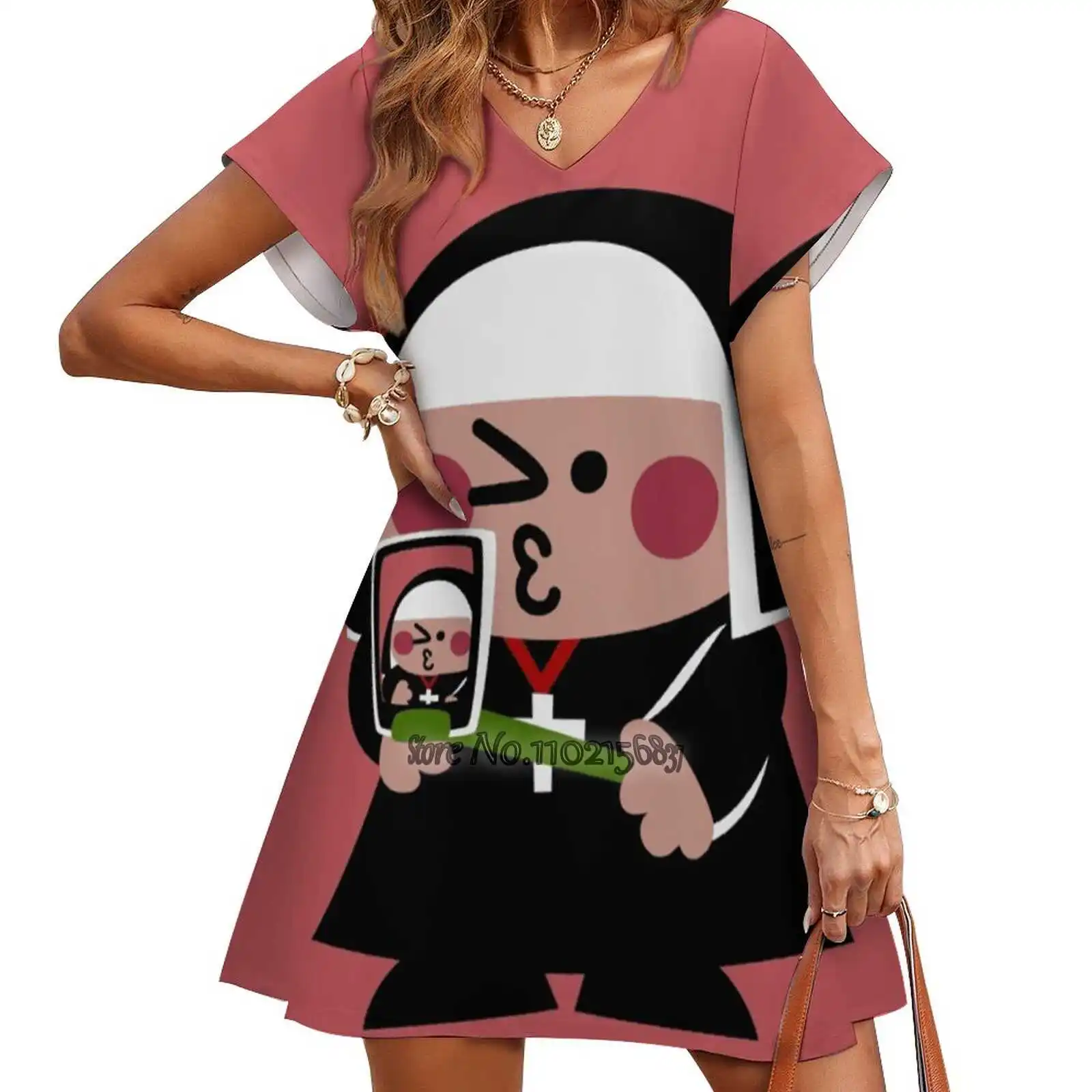 

Женская свободная юбка-трапеция с V-образным вырезом и коротким рукавом