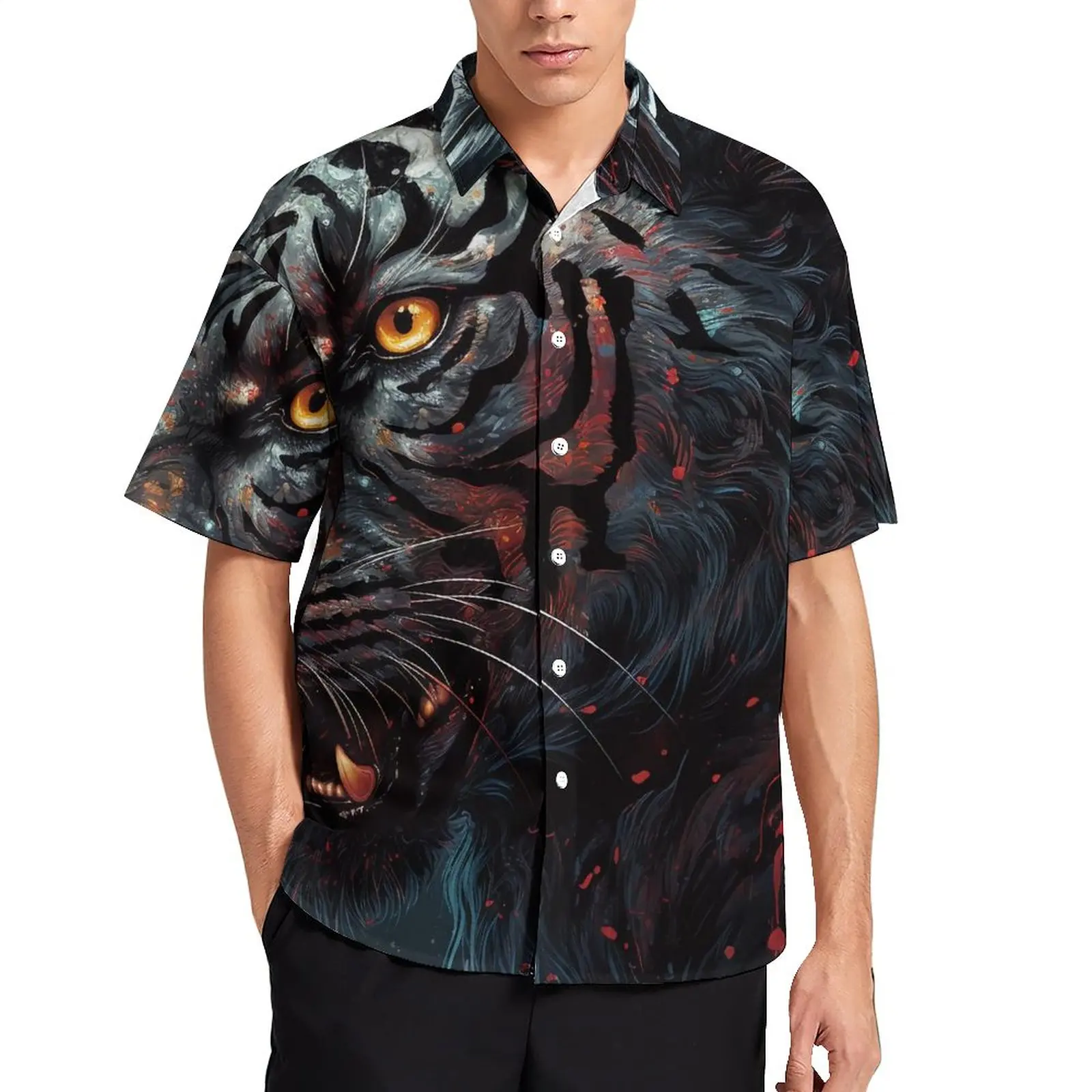 

Tiger Casual Shirt Grotesque Realism Vacation Loose Shirt Hawaiian Trending Blouses Short Sleeve Graphic Oversized Top