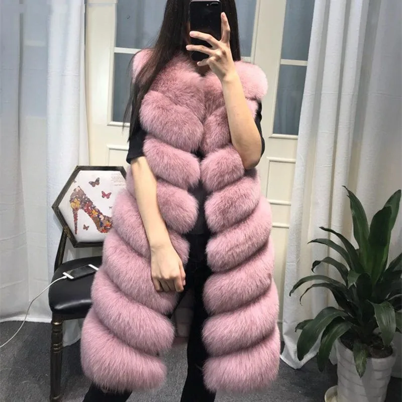 Womens Winter Fashion 2022 Natural Fox Fur Vest Real Fur Gilet 90CM Womens Real Fox Fur Vest Long Coat