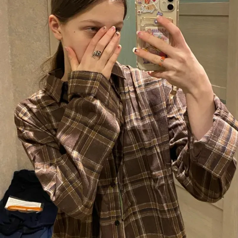 Винтажные рубашки женские с клетчатыми карманами популярная верхняя одежда