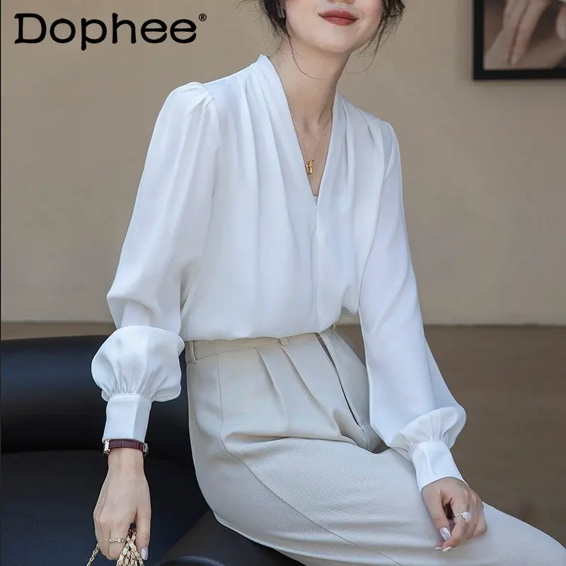 

Белая шифоновая женская рубашка, осень 2022, новый дизайн, деловой офисный темпераментный топ с V-образным вырезом и длинным рукавом, женские р...