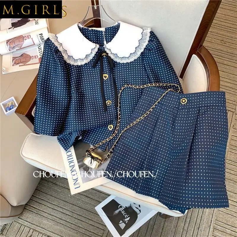 

Summer Short Sleeve Polka Dot Shirts Women Vintage Doll Top Wide Leg Shorts Sets Fashion Blouse Korean Casual Outfits
