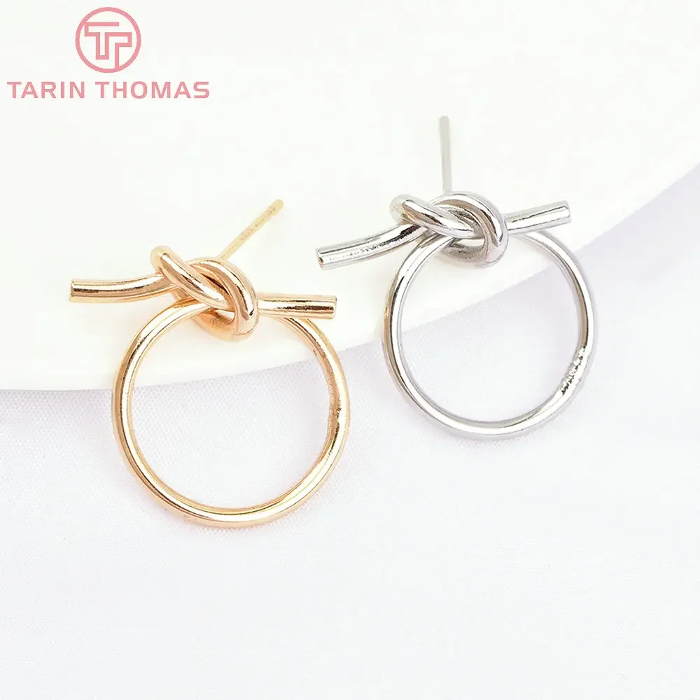 Латунные серьги-гвоздики с узлом круглой веревки 4 шт. 20 х22 мм 24 кар золотистого