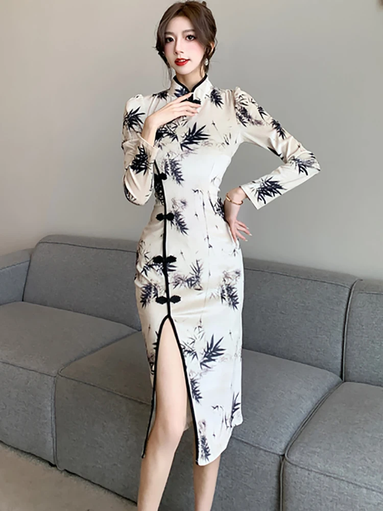 Женское бархатное платье с принтом элегантное винтажное облегающее в Корейском