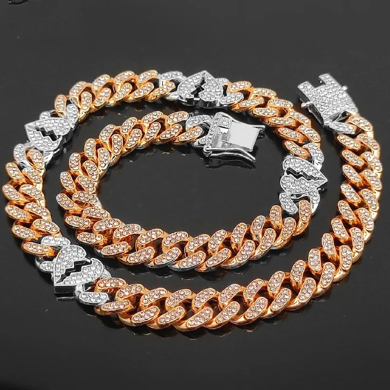 

Men Women 13mm Rose Gold Silver 2tone Color Miami Cuban Link Chain Choker Necklace Broken Heart Charm Iced Out Hiphop Jewelry