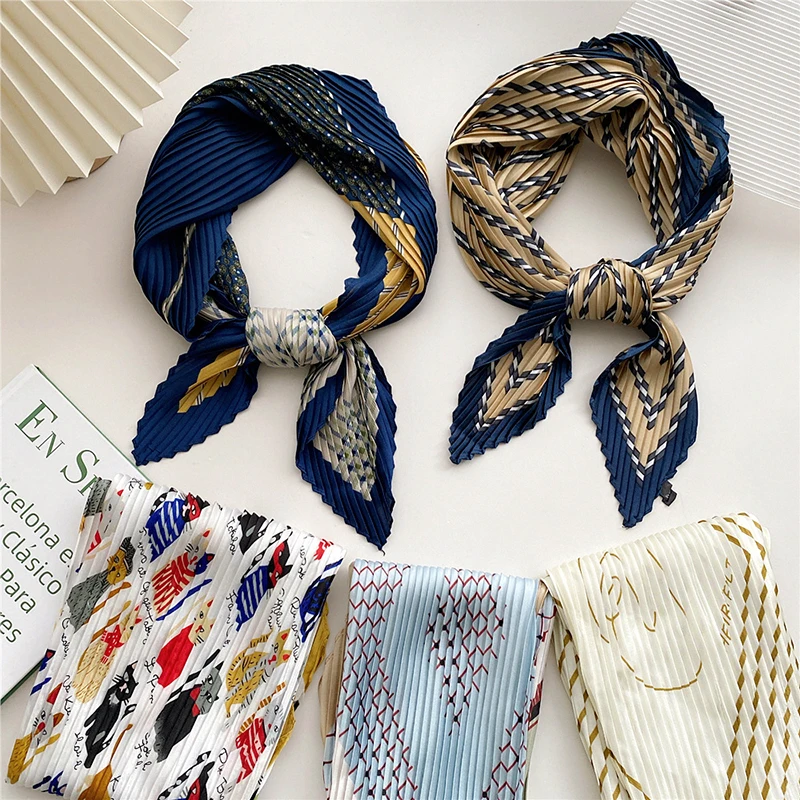 

2022 Brand Crinkle Scarf Women Silk Satin Striped Square Neck Tie Hand Female Headscarves Bandana Shawl Pleated Hair Foulard
