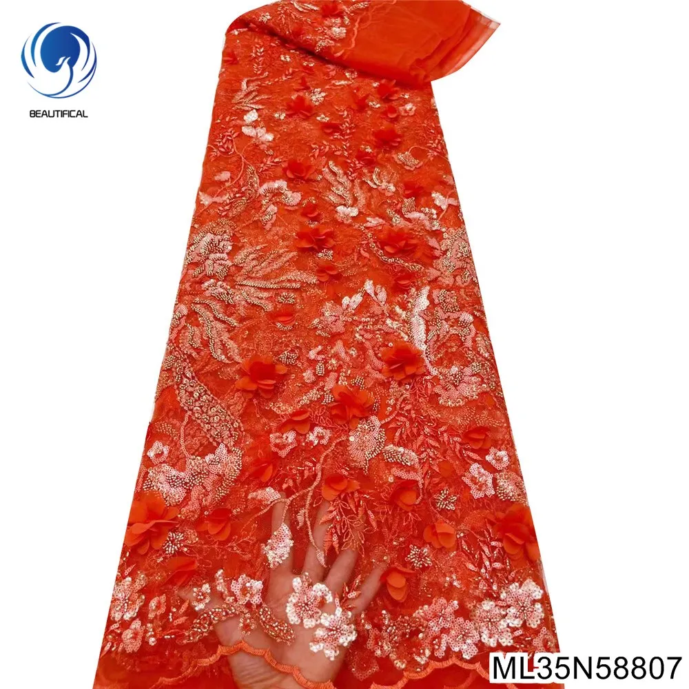 

2023 Red Bride Noble and Elegant 3D flowers Sequins Lace Fabric Design with Hand Beaded Ornament for Wedding Dress ML35N588