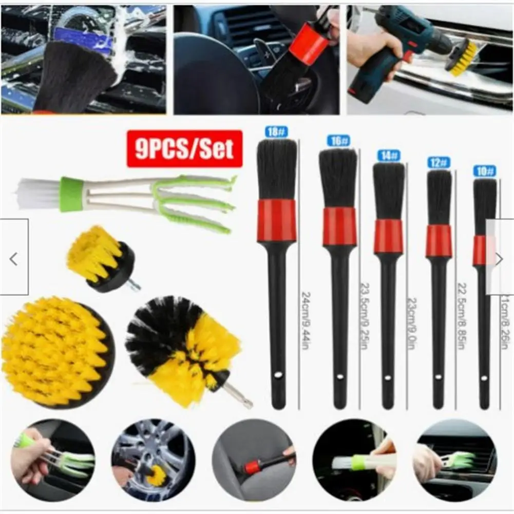 

9PCS Detailing Brush Set Car Cleaning Brushes Scrubber Drill Brush For Car Leather Air Vents Rim Cleaning Dirt Dust Clean Tools