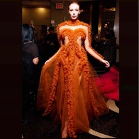 fashion orange pleated tulle dresses women sheer see thru mesh long evening dress lush ruffles floor length party gowns vestiti