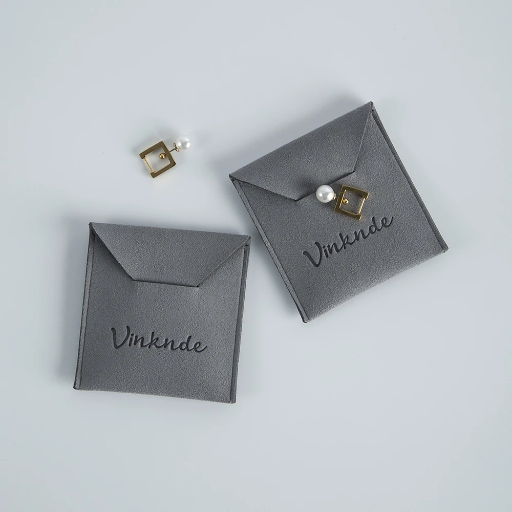 100 Luxury Jewelry Pouches Custom Logo Small 7.5x7.5cm Thick Grey Pink Microfiber Suede Earrings Ring Packaging Gift Storage Bag