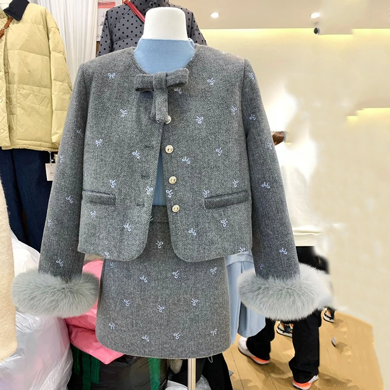 Весенне-зимний комплект из двух предметов с узлом-бабочкой шерстяная меховая