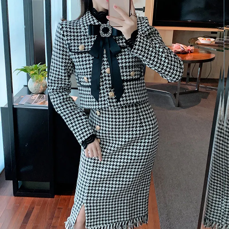 2022 Autumn Winter Houndstooth Women 2pc Skirt Sets Temperament Korea Style  Two-piece Suit Female Long Sleeve Bowtie Coat+Skirt