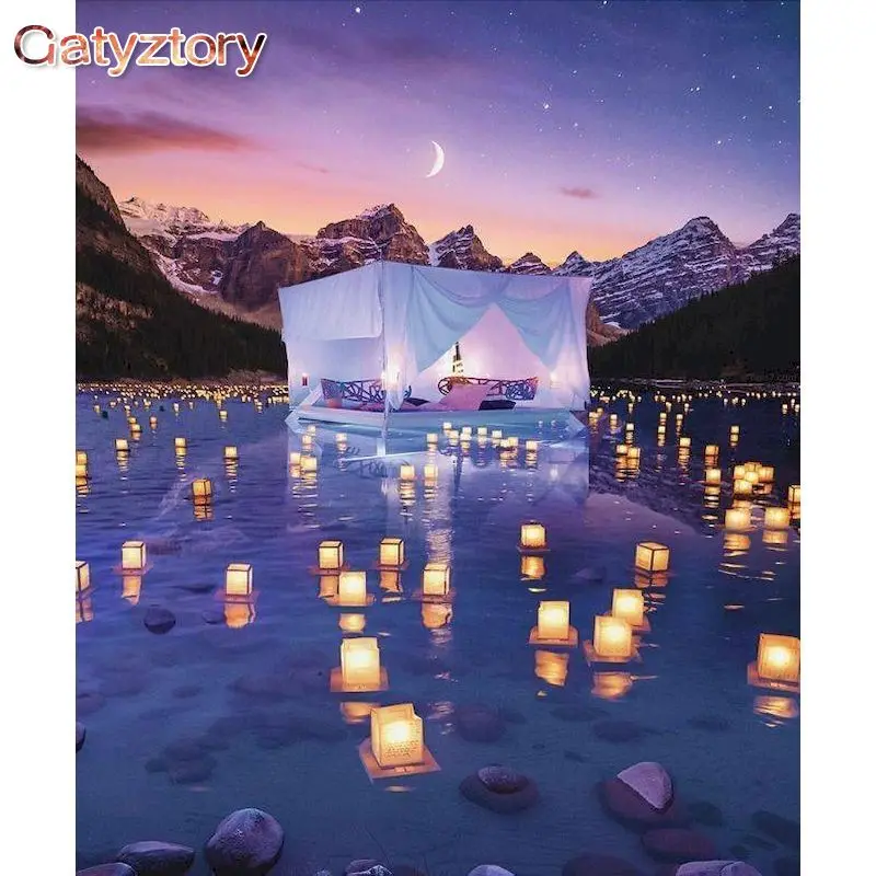 

GATYZTORY 40x50cm Framed Painting By Numbers Riverside Lantern Picture By Number Hand Painted Unique Gift Home Decor Artwork