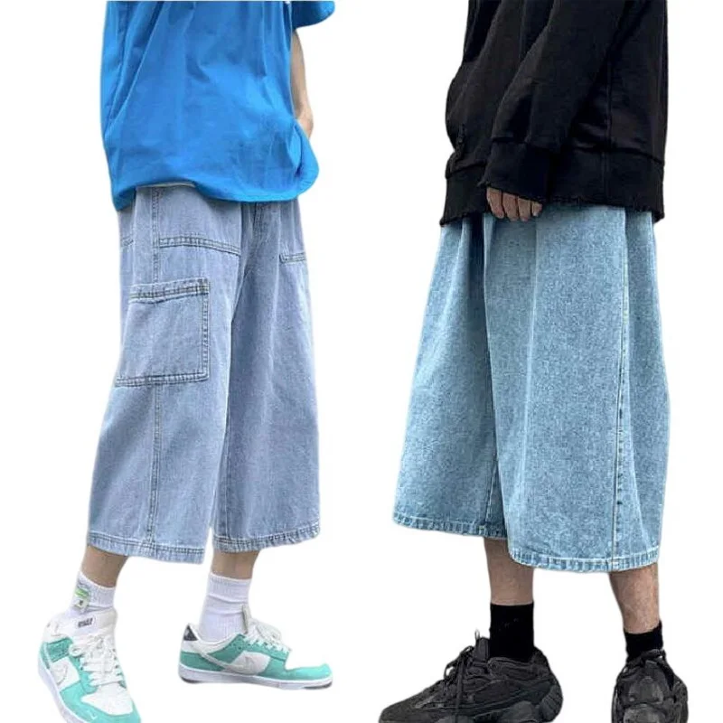 Men's Summer Pants Straight Jeans Thin Loose Wide Leg Cropped Shorts Denim Pants