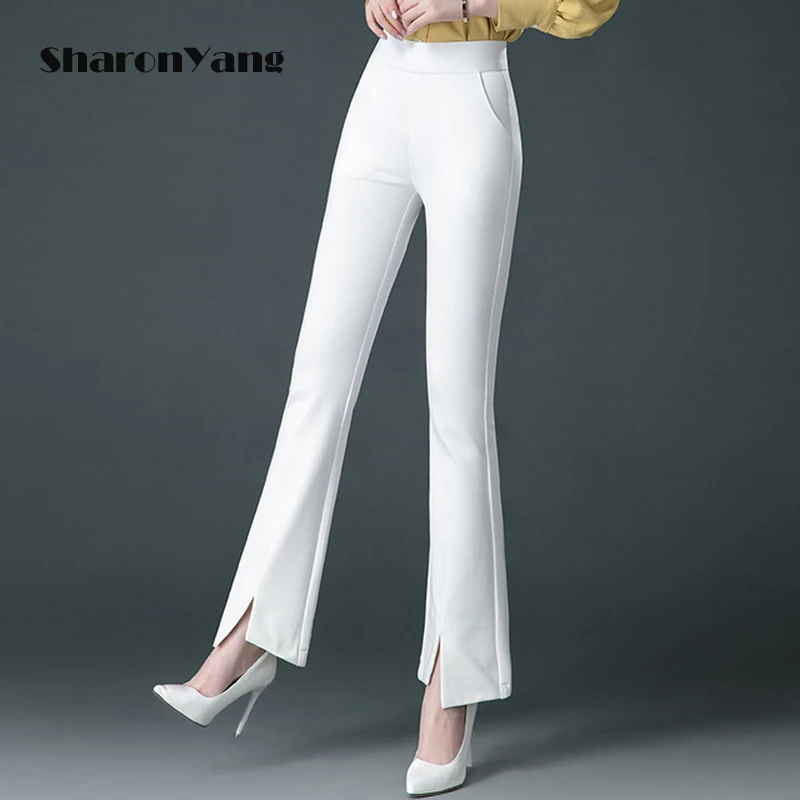 New Spring Autumn Women Elasticity Bell Bottom Pants Woman High Waist Elegant Flare Pants Ladies Full Length Trousers White