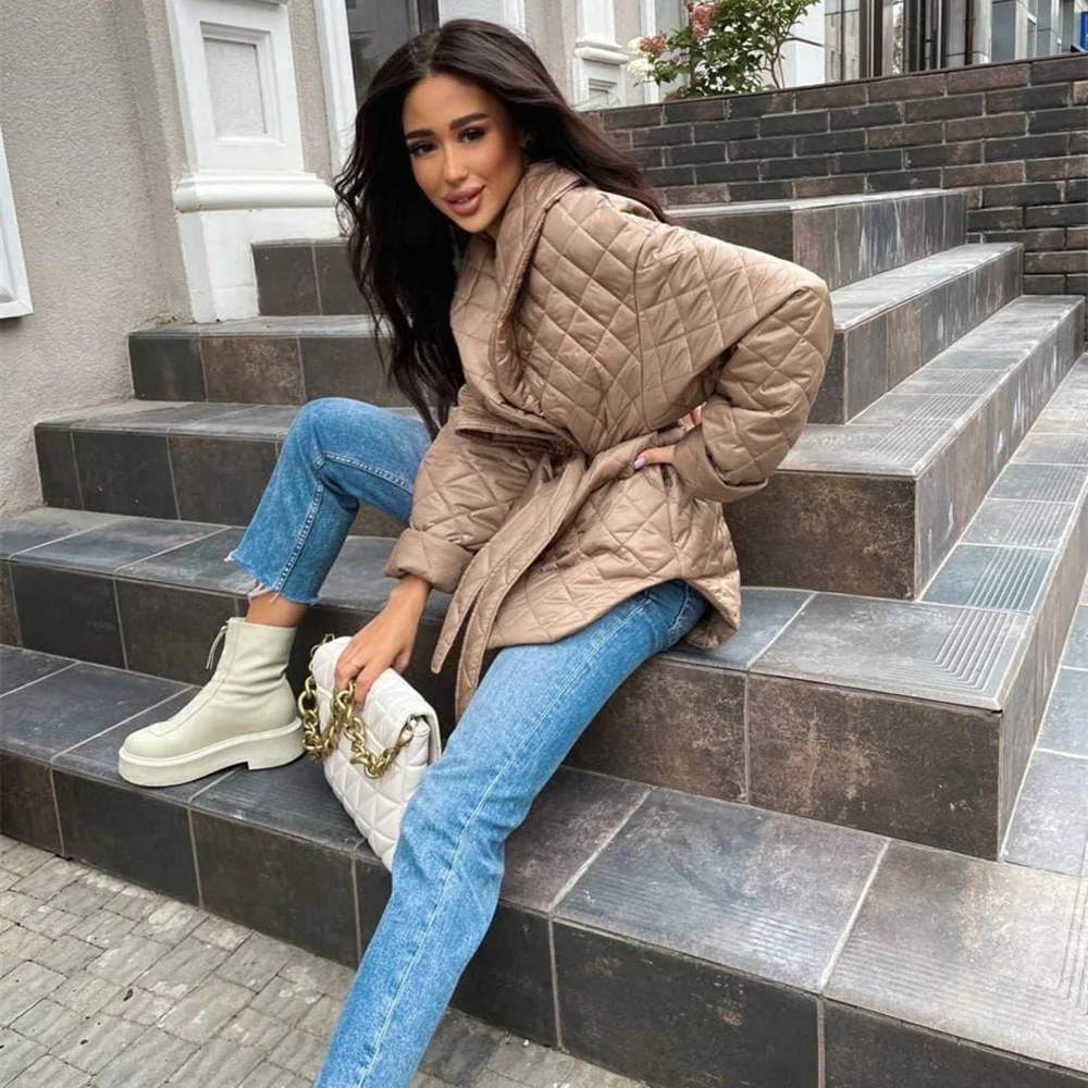K 2022 New Winter Lapel Collar Long Sleeve Solid Color Belt Loose Coat For Laides Fashion Plaid Chic Warm Jacket