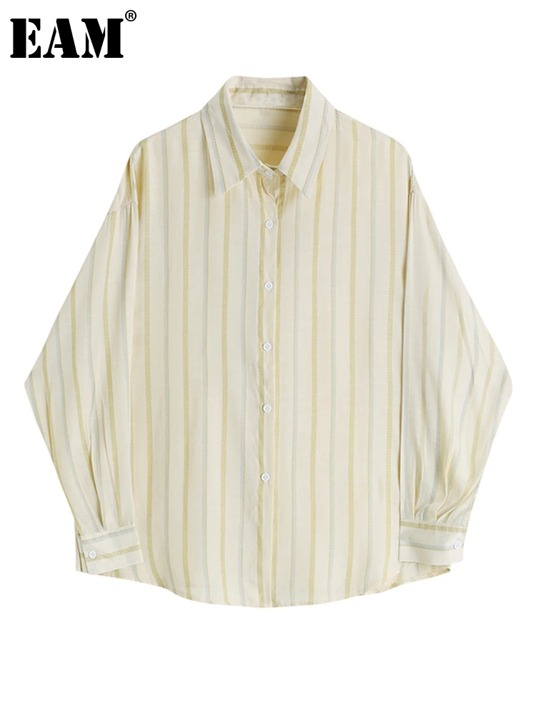 

[EAM] Женская Желтая полосатая блузка большого размера, новая свободная рубашка с длинными рукавами и отворотом, модная весенне-осенняя 2023 ...