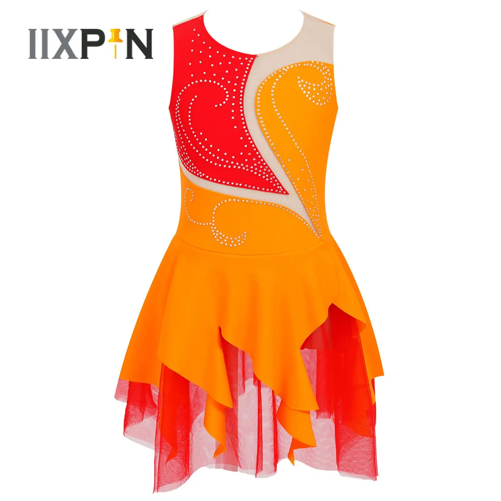 

Girls Gymnastic Ballet Leotard Dress Kids Summer Sleeveless Round Neck Hollow Mesh Splice Cutouts Figure Ice Skating Dance Dress