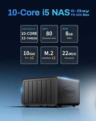 TERRAMASTER F6-424 Макс. накопитель NAS — 6 отсеков Core i5 1235U, 10 ядер, 12 потоков, 8 ГБ оперативной памяти DDR5, сетевое хранилище (без дисплея)