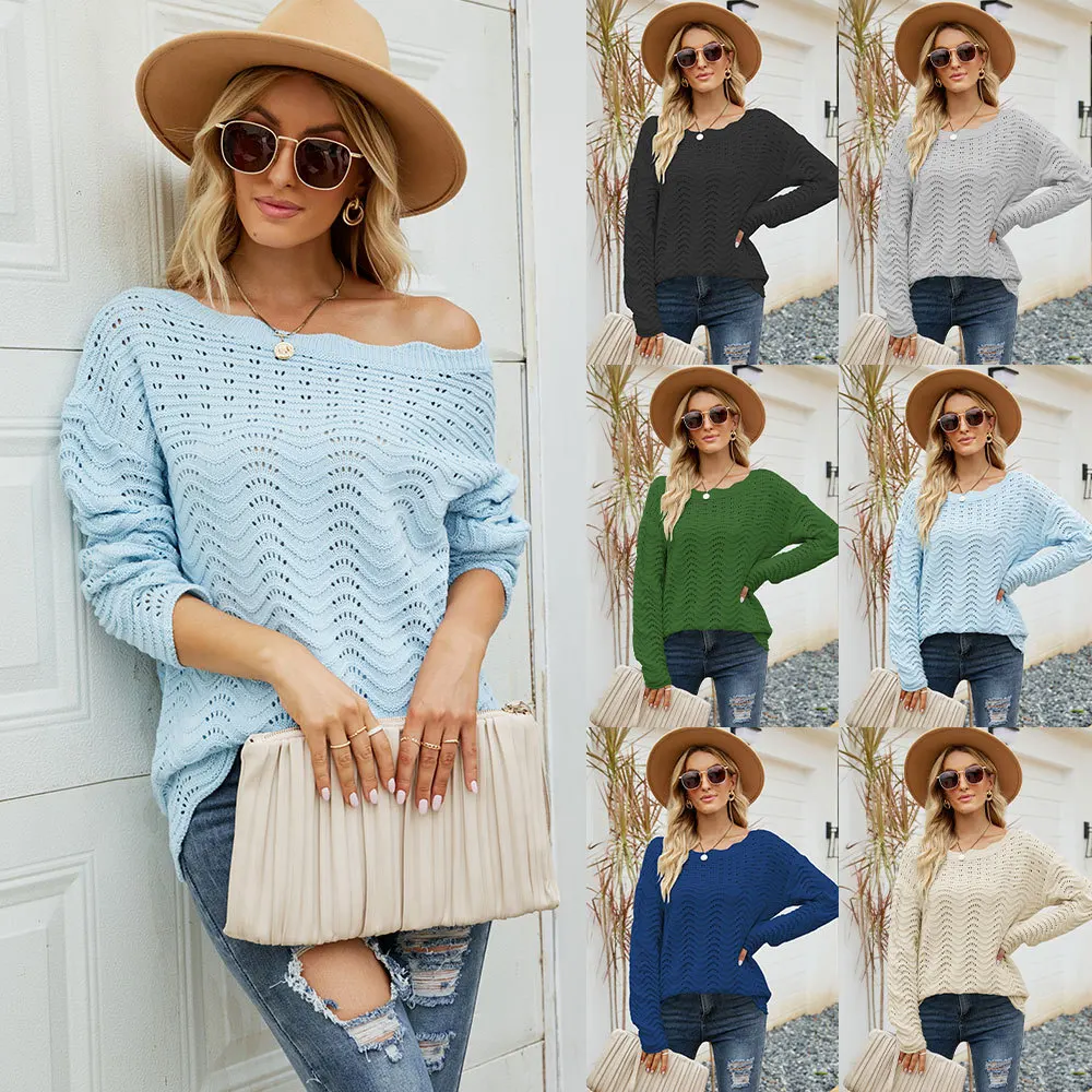 

2022 autumn and winter new solid color hollow loose sweater lace collar knitted sweater women