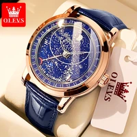 olevs vintage blue starry sky dial automatic watch for men mechanical mens watches top brand luxury leather wristwatches for man