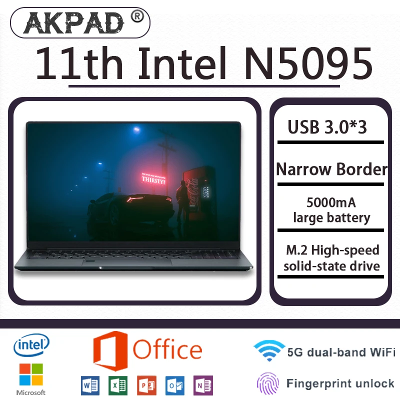 AKPAD N5095 Gaming Laptop 15.6-inch IPS Screen 16GB RAM  256GB 1TB  2TB SSD Intel Celeron Business Netbook Windows 10 11 Pro